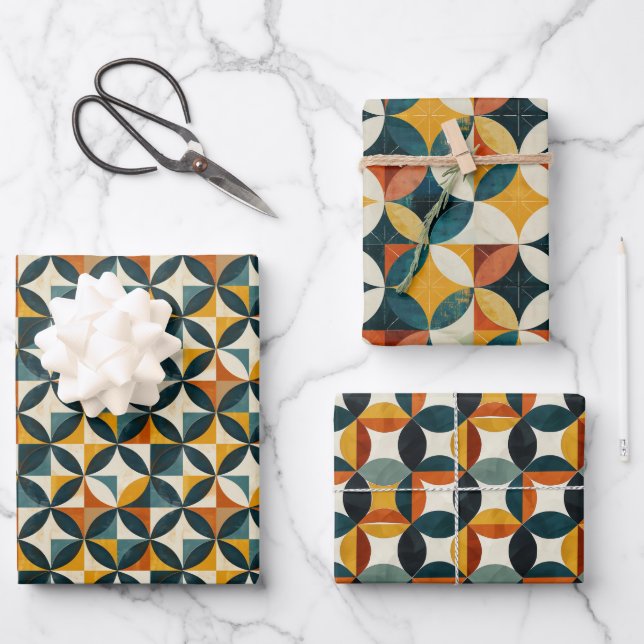 Retro Mid-Century Modern Geometric Pattern Wrapping Paper Sheet (Front)