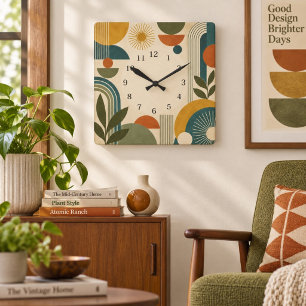 Retro Mid Century Modern Geometric Square Clock