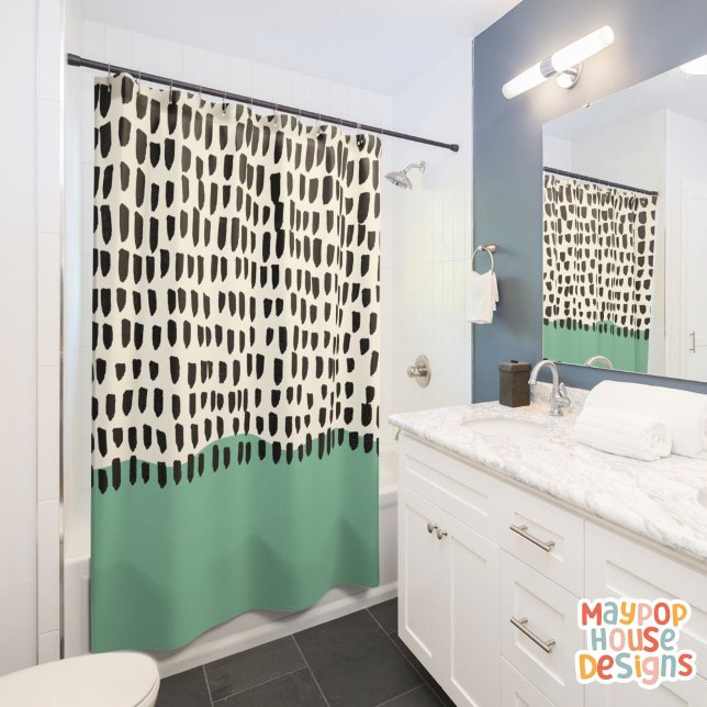 Retro Mid Century Modern Green Black Abstract Shower Curtain (mid century modern shower curtain bathroom decor)