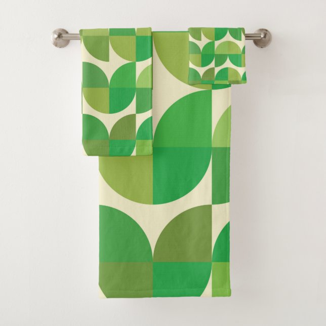 Retro Mid century Modern Green Geometric pattern   Bath Towel Set (Insitu)