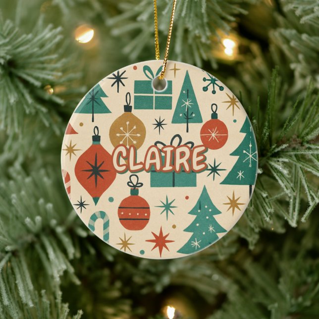 Retro Mid Century Modern Holiday Geometric  Ceramic Ornament (Tree)