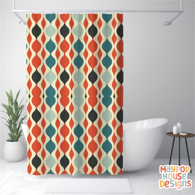 Retro Mid Century Modern Navy Red Abstract Shower Curtain (mid century modern shower curtain bathroom decor)