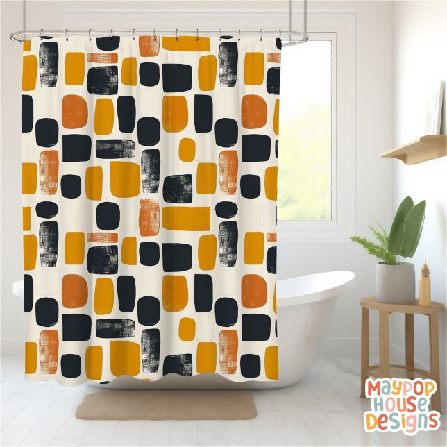 Retro Mid Century Modern Orange Black Abstract Shower Curtain (mid century modern shower curtain bathroom decor)
