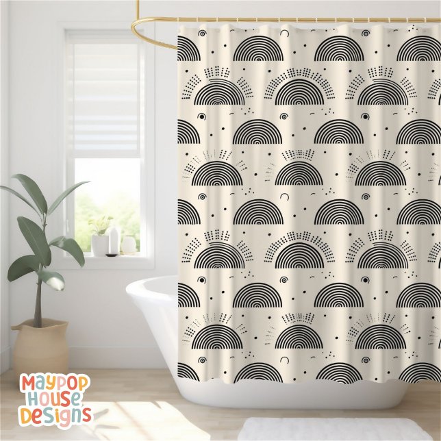 Retro Mid Century Modern Orange Black Abstract Shower Curtain (mid century modern shower curtain bathroom decor)