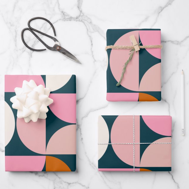 Retro Mid Century Modern Pattern Blue Blush Pink Wrapping Paper Sheet (Front)