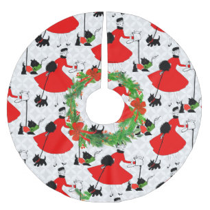 Retro Mid Century Modern Red and Black Dog Brushed Polyester Tree Skirt