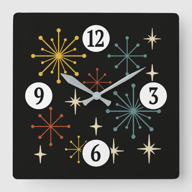 Retro Mid Century Modern Starburst Pattern Square Wall Clock (Front)