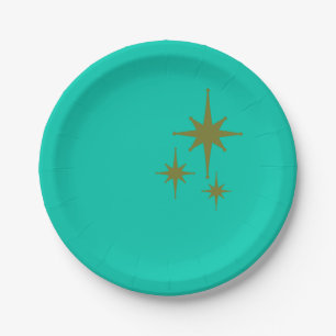 Retro Mid-century Modern Starburst Trio Teal Green Paper Plate