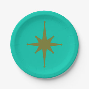 Retro Mid-century Modern Starburst Vintage Teal Paper Plate