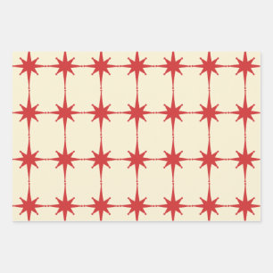 Retro Mid-century Modern Starbursts Red Cream Wrapping Paper Sheet