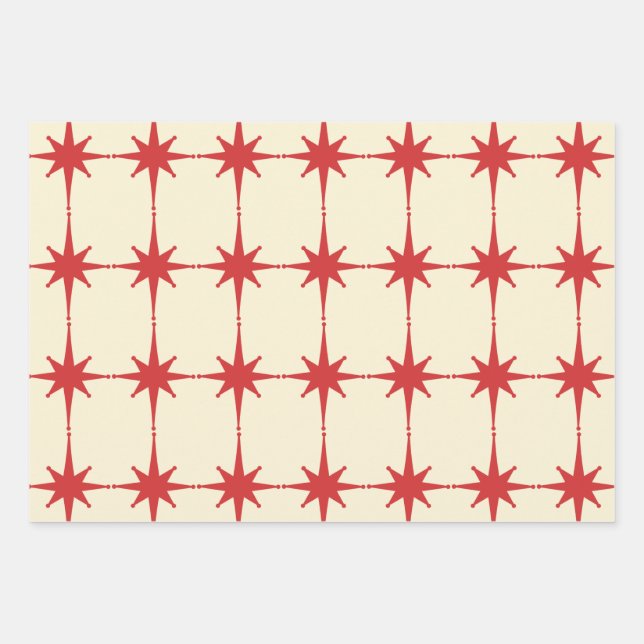 Retro Mid-century Modern Starbursts Red Cream Wrapping Paper Sheet (Front)