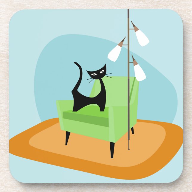 Retro Mid-century Modern Style Cat Coaster (Front)