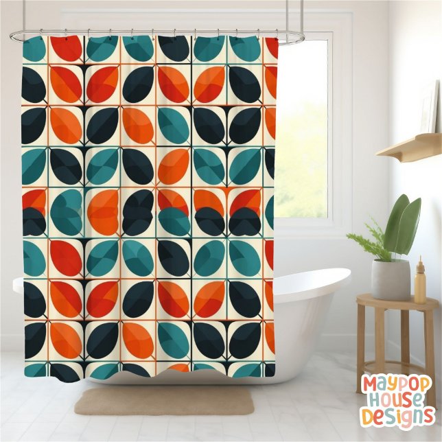 Retro Mid Century Modern Teal Orange Abstract Shower Curtain (mid century modern shower curtain bathroom decor)