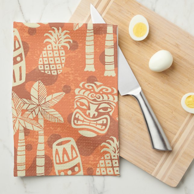 Retro Mid Century Modern Tiki Pattern Tea Towel (Quarter Fold)