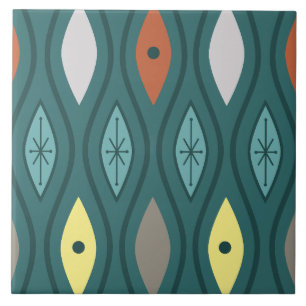 Retro Mid Century Modern Wavy Lines Teal Ceramic Tile