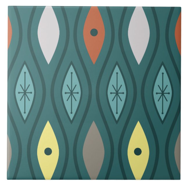 Retro Mid Century Modern Wavy Lines Teal Ceramic Tile (Front)