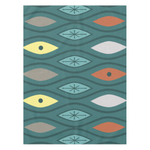 Retro Mid Century Modern Wavy Lines Teal Tablecloth