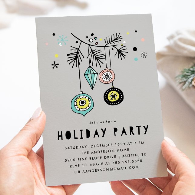 Retro Mid Century Ornaments Grey Holiday Party Invitation (Creator Uploaded)