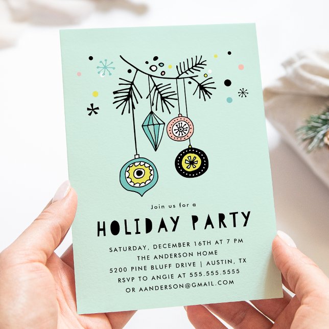 Retro Mid Century Ornaments Mint Holiday Party Invitation (Creator Uploaded)