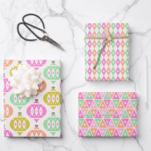 Retro Mid Century Ornaments Peach Green Christmas Wrapping Paper Sheet