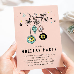 Retro Mid Century Ornaments Pink Holiday Party Invitation