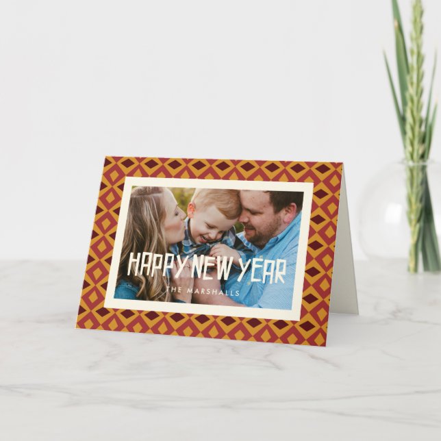 Retro mid century pattern Happy New Year photo Holiday Card (Front)