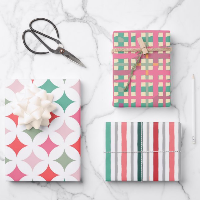 Retro Mid Century Pink Green Pattern Wrapping Paper Sheet (Front)