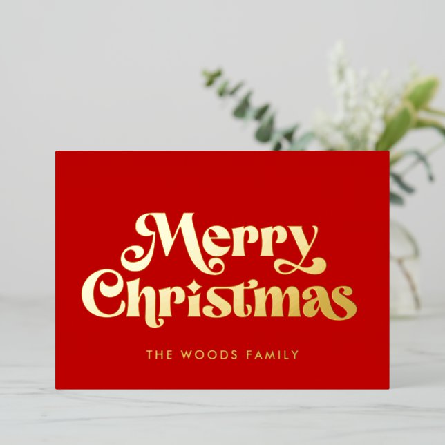 Retro Mid Century Red Merry Christmas Foil Holiday Card (Standing Front)
