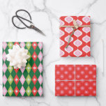 Retro Mid Century Red, Pink & Green Christmas Wrapping Paper Sheet<br><div class="desc">A fun and festive retro Christmas pattern inspired my mid-century modern design. Vintage diamonds,  stars and ogee shapes in Christmas colours of Green,  red,  pink and white.</div>