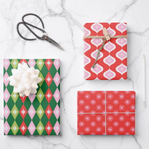 Retro Mid Century Red, Pink & Green Christmas Wrapping Paper Sheet