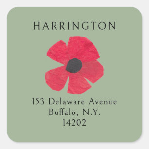 Retro Mid-Century Red Poppy Sage Return Address Square Sticker