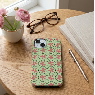 Retro Mid-Century Sage Green and Pink Geometric iPhone 15 Case