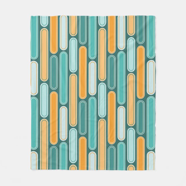 Retro Mid Century Stripes Aqua, Teal, Orange Fleece Blanket (Front)