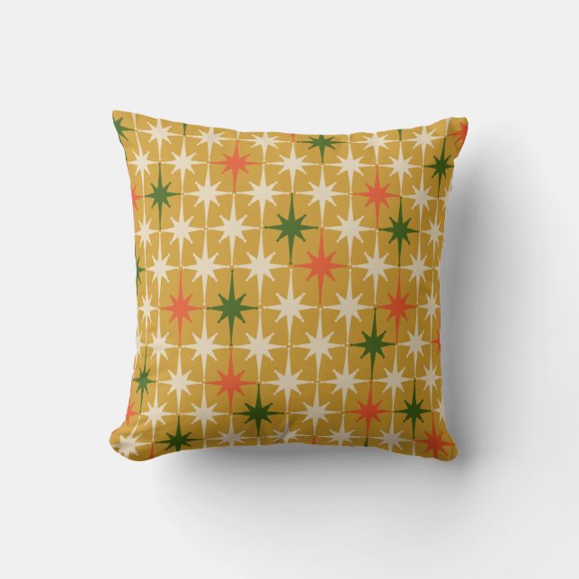 Retro Mid-century Vintage Atomic Stars Ochre Cushion (Front)