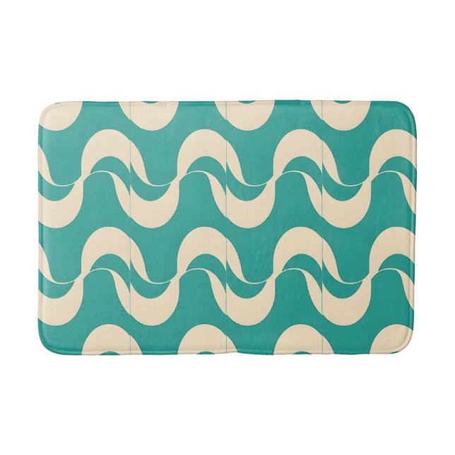 Retro Mid Century Wavy Pattern Teal and Cream Bath Mat (Front)