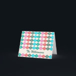 Retro Mid Mod Atomic Pattern Colourful Personalise Holiday Card<br><div class="desc">Retro vintage style mid century modern atomic pattern in green,  red,  and pink,  personalised with your name.</div>