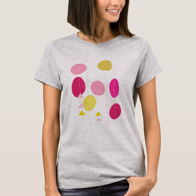 Retro Mid Mod Geometric Shapes Pink and Yellow T-Shirt (Front)