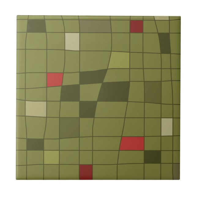 Retro Midcentury Art Warped Olive Green Ceramic Tile (Front)