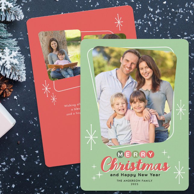 Retro Midcentury Modern 3 Photos Christmas Holiday Card (Creator Uploaded)