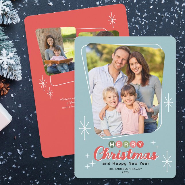 Retro Midcentury Modern 3 Photos Christmas Holiday Card (Creator Uploaded)