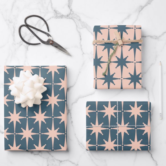 Retro Midcentury Modern 50s Starbursts Blush Teal Wrapping Paper Sheet (Front)