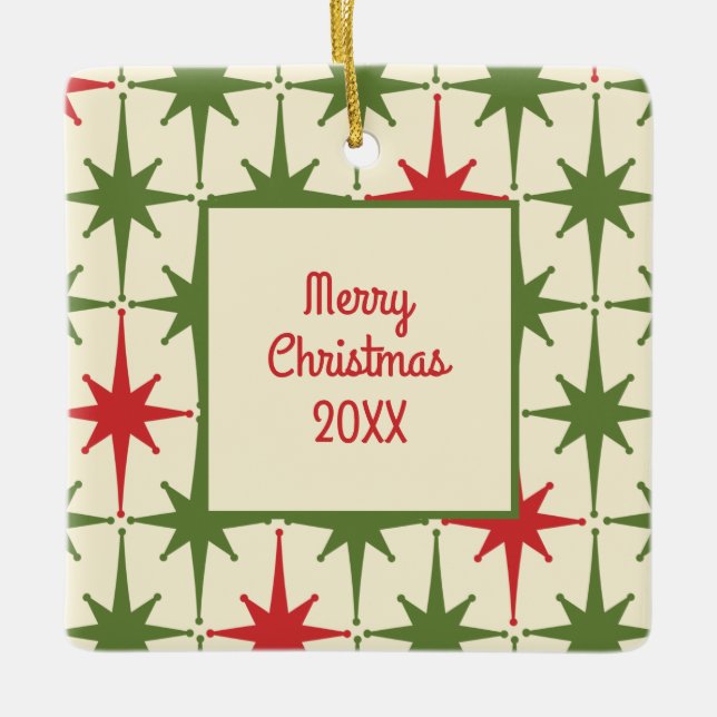 Retro Midcentury Modern Christmas Starbursts Year Ceramic Ornament (Front)
