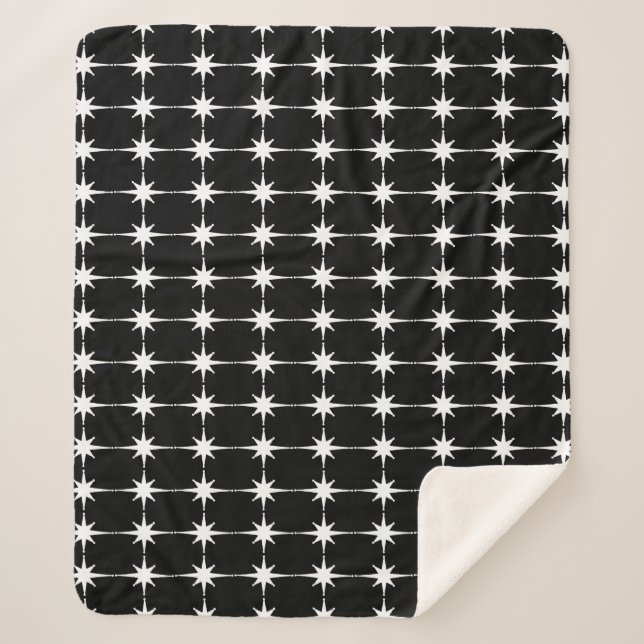 Retro Midcentury Modern Star Pattern Black & White Sherpa Blanket (Front)