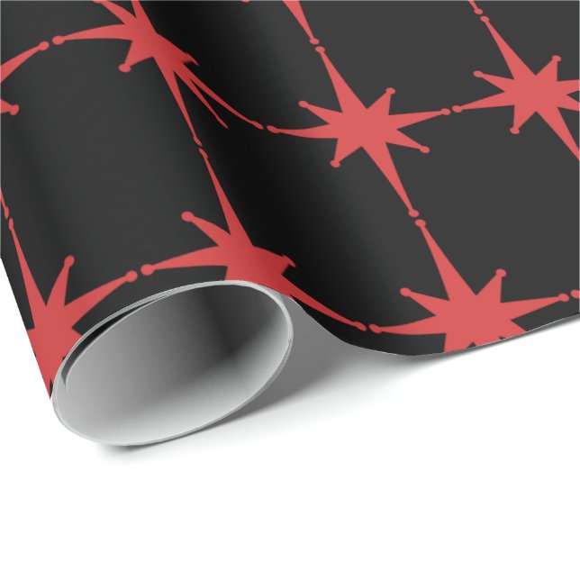 Retro Midcentury Modern Starbursts Red and Black Wrapping Paper (Roll Corner)