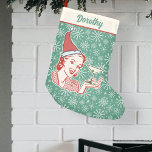 Retro Midcentury Modern Woman Martini Glass Custom Small Christmas Stocking<br><div class="desc">Celebrate Christmas in retro 1950s mid-century modern style with this pretty stocking. The design includes a vintage-looking woman wearing a Santa hat and holding a martini glass. The background is teal with snowflakes. Use the easy template to personalise your name at the top. Enjoy the matching holiday invitations found here:...</div>