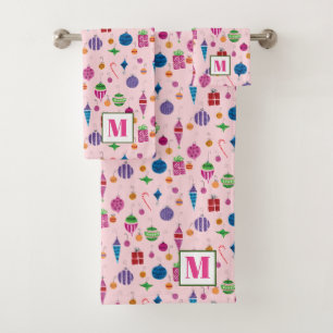 Retro Midcentury Ornaments Hand-Drawn Pink Bath Towel Set