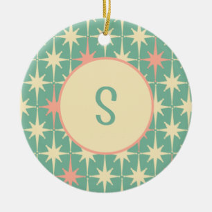Retro Midcentury Star Pattern Pink Teal w/ Initial Ceramic Ornament