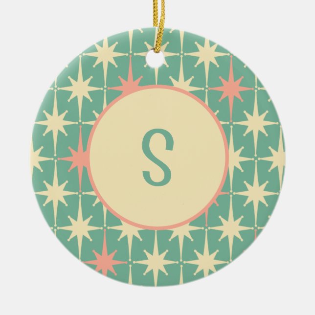 Retro Midcentury Star Pattern Pink Teal w/ Initial Ceramic Ornament (Front)