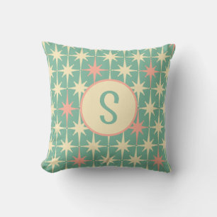 Retro Midcentury Star Pattern Pink Teal w/ Initial Cushion