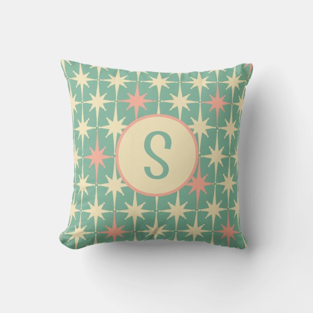 Retro Midcentury Star Pattern Pink Teal w/ Initial Cushion (Front)